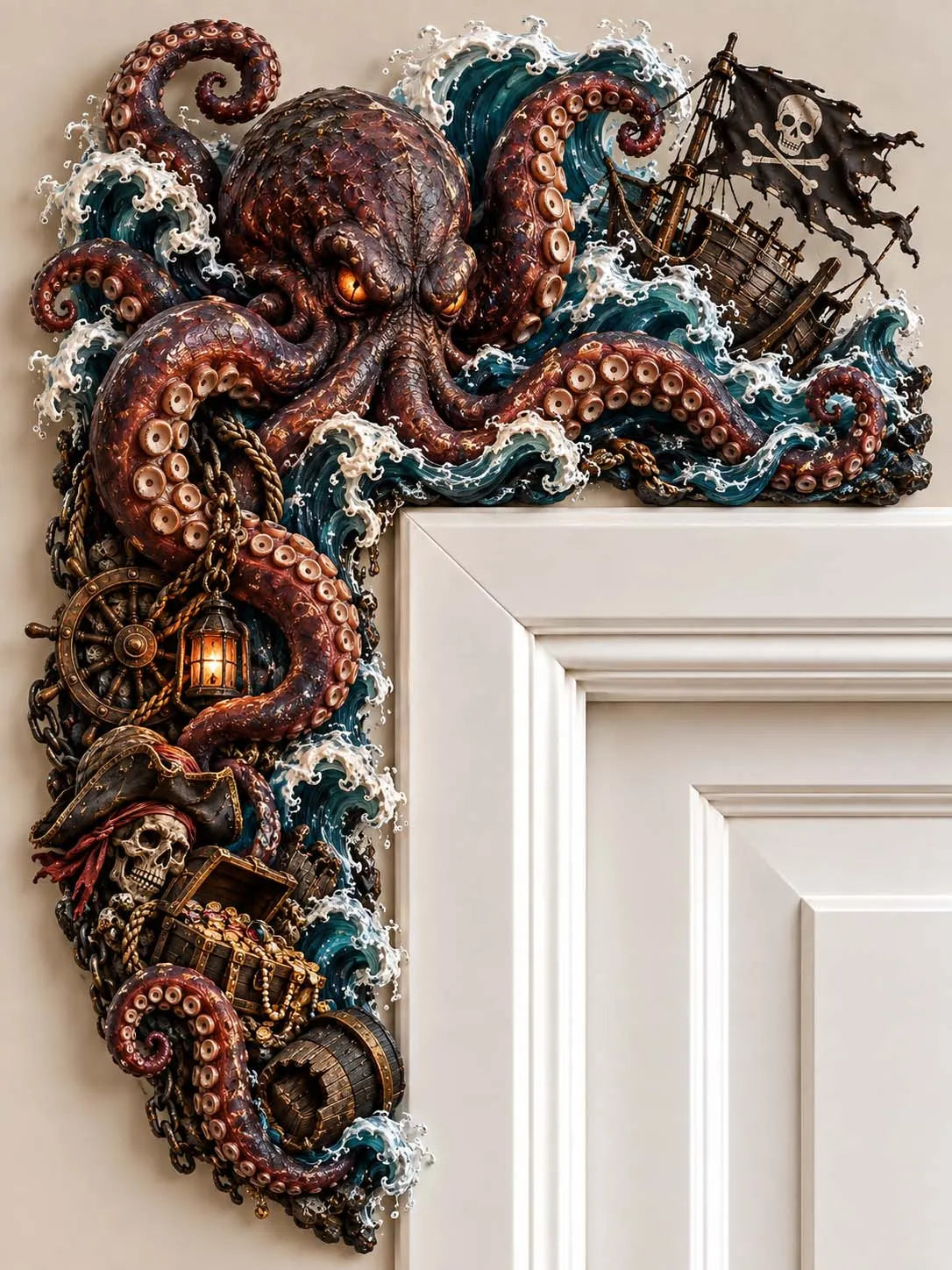 🐙 Giant Kraken Octopus and Pirate Ship Door Corner Decor