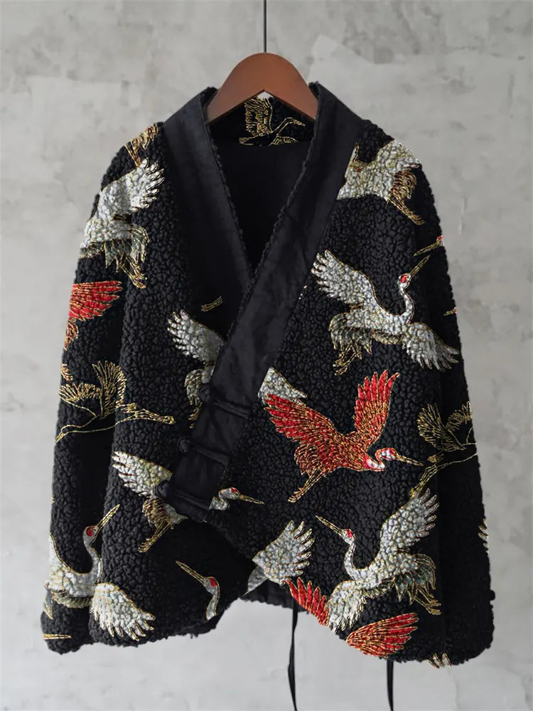 Vintage Japanese Crane Art Pattern Plush Kimono Cardigan