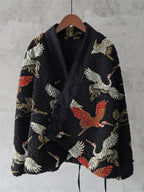 Vintage Japanese Crane Art Pattern Plush Kimono Cardigan