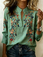 Women's Floral Print Cotton Linen T-Shirt