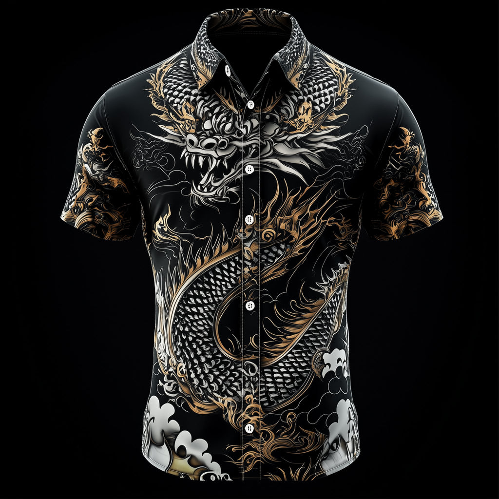 Men's Casual Retro Dragon Print Short Sleeve Shirt