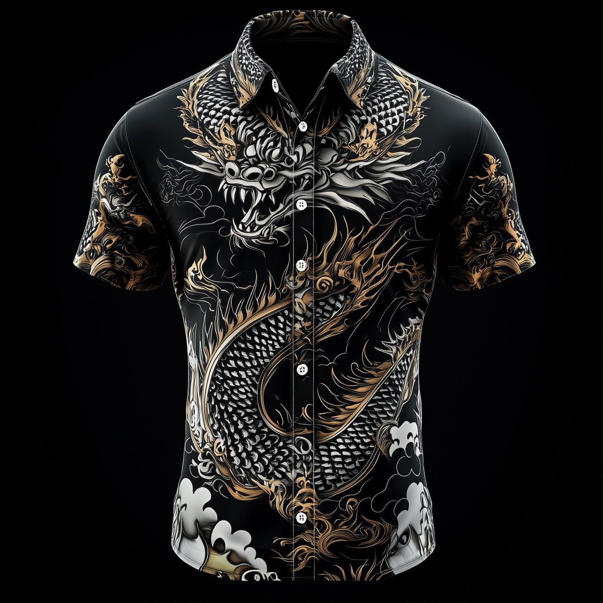 Men's Casual Retro Dragon Print Short Sleeve Shirt