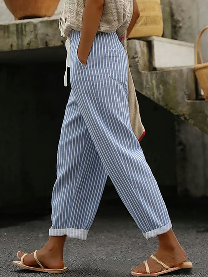 Women's Retro Stripe Art Print Design Casual Pants