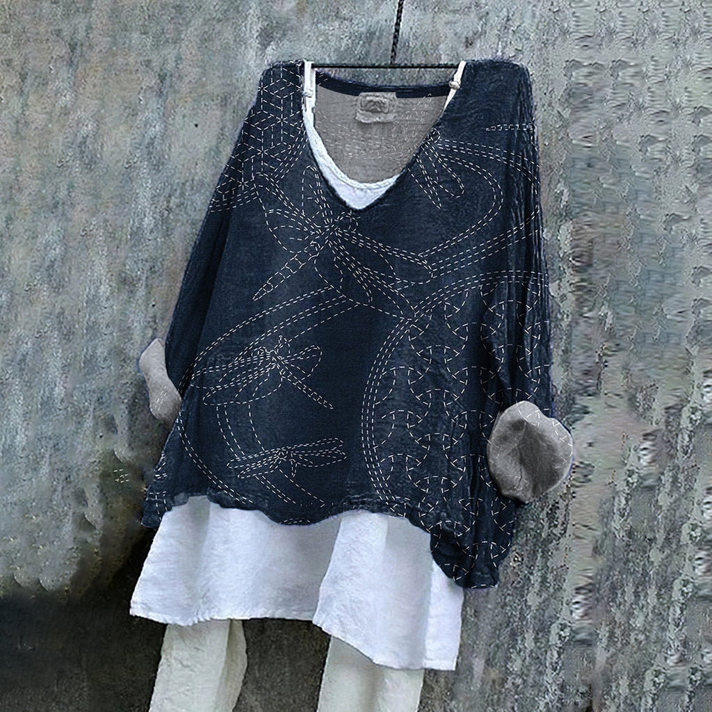 Japanese Traditional Art Embroidered Linen Blend Flowy Tunic