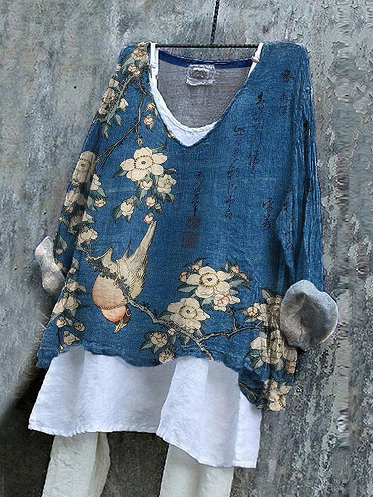 Cherry Blossom And Bird Art Pattern V-Neck Long Sleeve