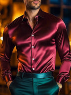 Men's  Solid Satin Long Sleeve Shirt