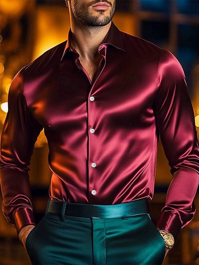 Men's  Solid Satin Long Sleeve Shirt