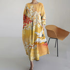 Japanese Cherry Blossom And Crane Art Print Cotton And Linen Dress
