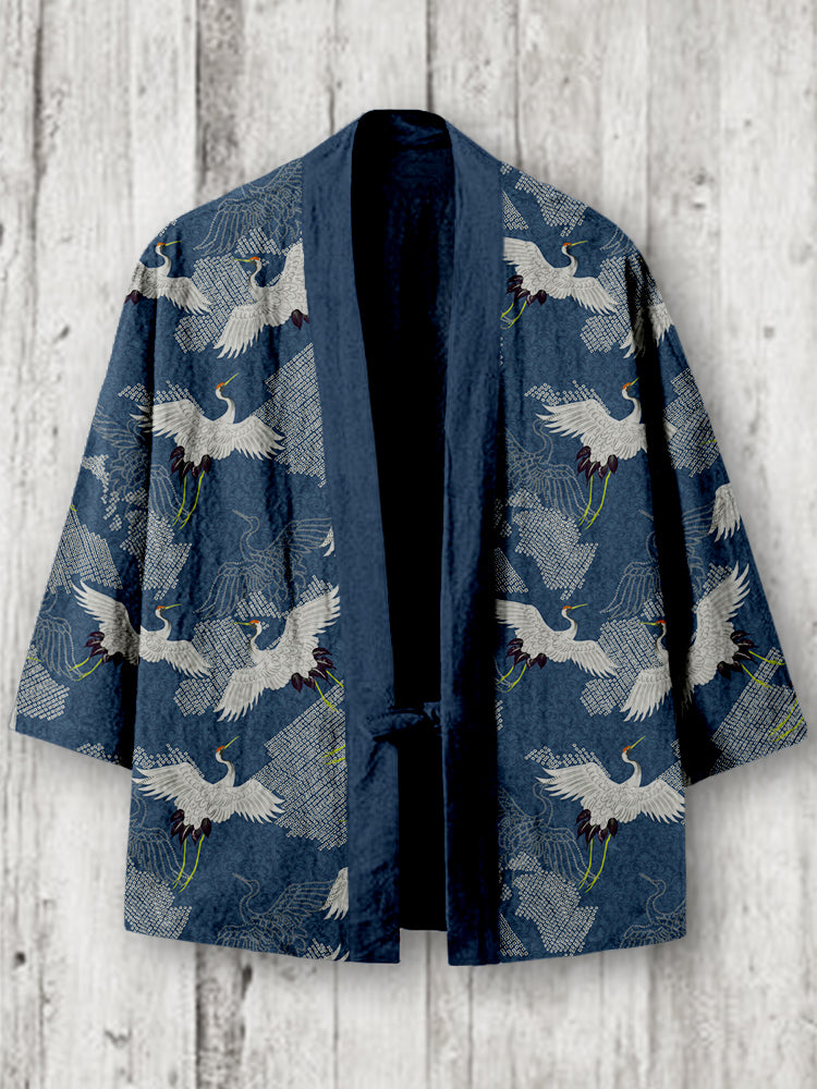 Vintage Cranes Pattern Linen Blend Kimono Cardigan
