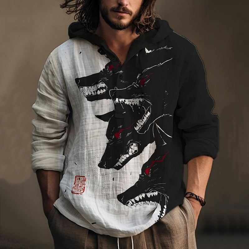 Men's Japanese Art Fierce Wolf Print Hoodie