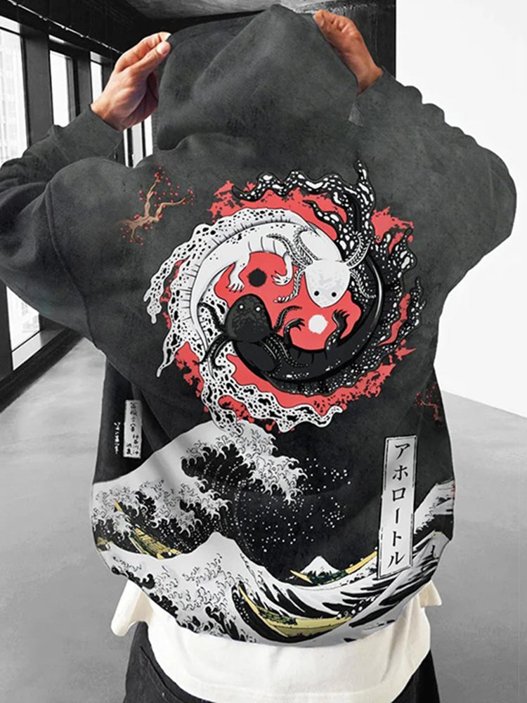 Men's Retro Japanese Yin Yang Axolotl Sea Wave Print Hoodie