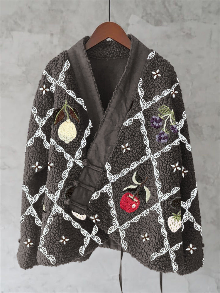 Japanese Floral Embroidery Print Plush Kimono Cardigan