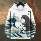 Men's Japanese Great Waves Godzilla Graphics Art Print Casual Hoodie