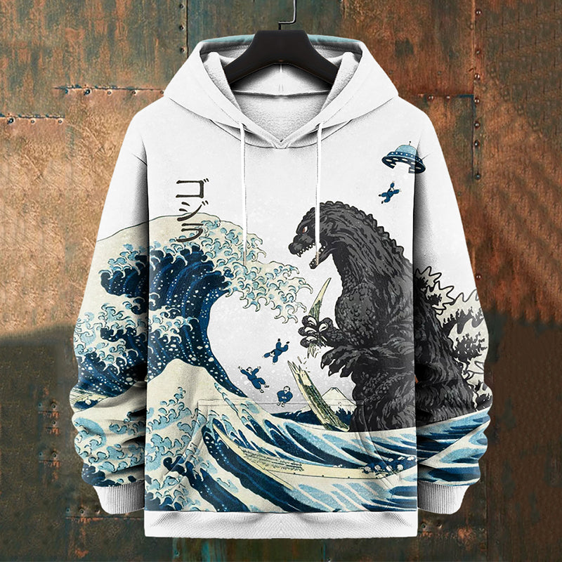 Men's Japanese Great Waves Godzilla Graphics Art Print Casual Hoodie