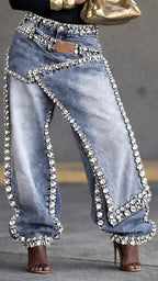 Women's Diamond-Encrusted Faux Two-Piece Denim Jeans