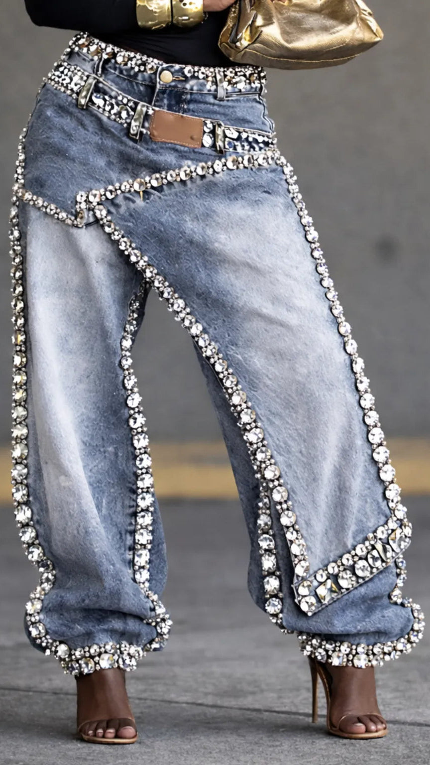 Women's Diamond-Encrusted Faux Two-Piece Denim Jeans
