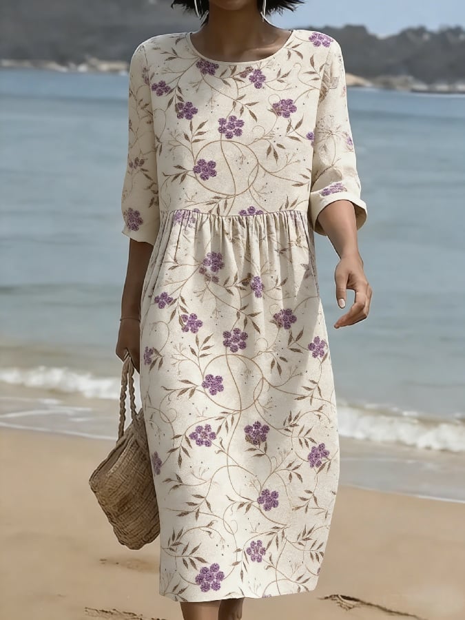 Women's Casual Cotton-Linen Floral Print Maxi Dress