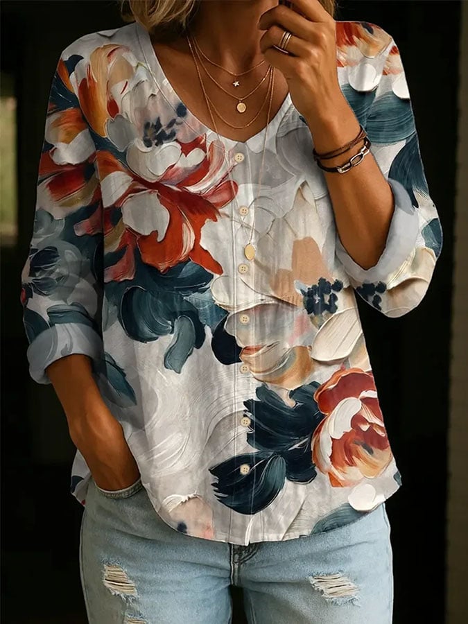 Women's Retro Floral Art Print Button-Up Shirt