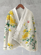 Chrysanthemum Pattern Cozy Fleece Kimono Cardigan