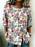 Women's Retro Floral Button Lace Up Tie Shirt