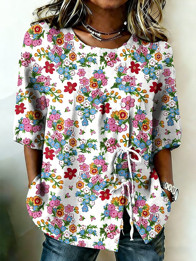 Women's Retro Floral Button Lace Up Tie Shirt