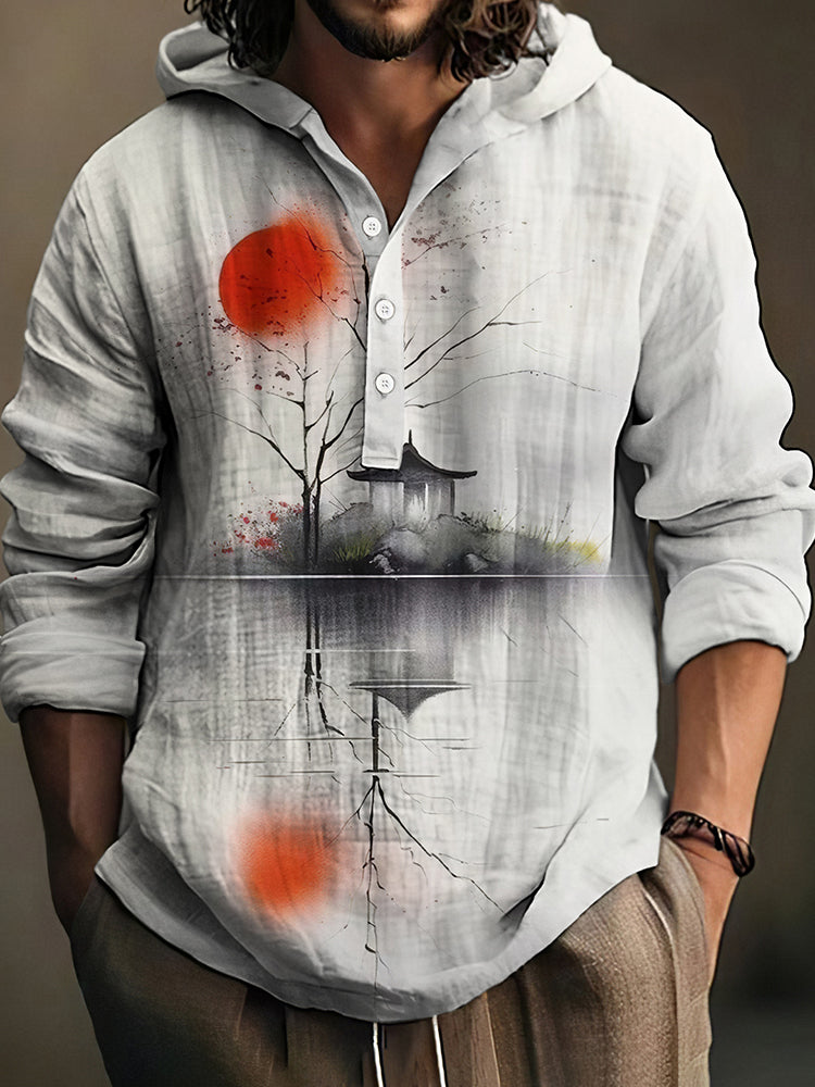 Men's Japanese Art Linen Blend Casual Hooded Shirt