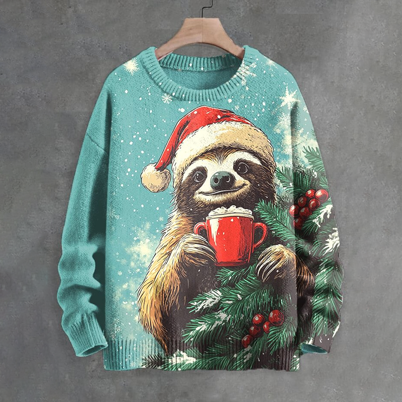 Men's Christmas Tree Sloth Vintage Art Knit Sweatshirt