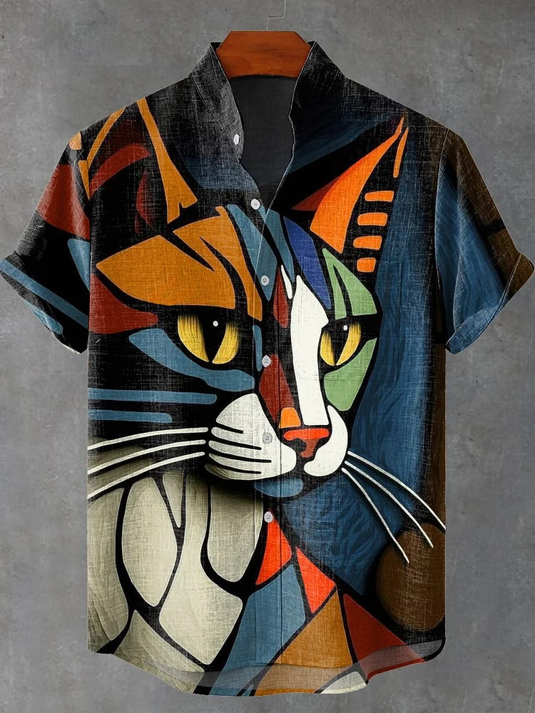 Cat Abstract Art Print Linen Blend Cozy Shirt