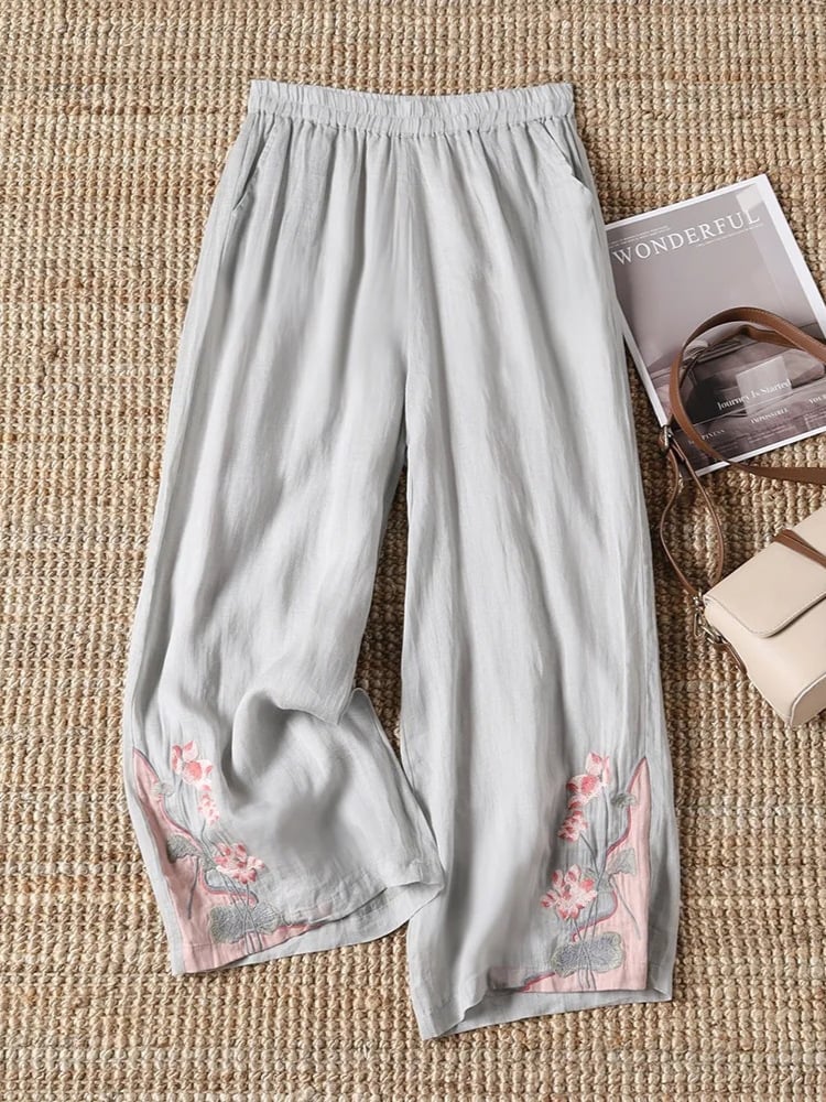 Women's Retro Color Block Floral Cotton Linen Pocket Casual Trousers