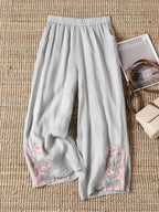 Women's Retro Color Block Floral Cotton Linen Pocket Casual Trousers