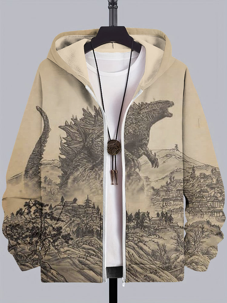 Vintage Godzilla Japanese Art Casual Hooded Zip Up Jacket
