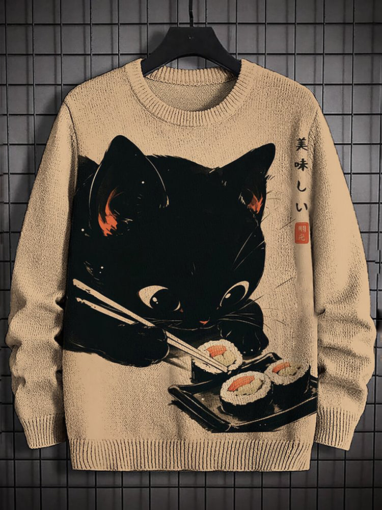 Men's Japanese Black Cat Eating Sushi Print Knit Sweater