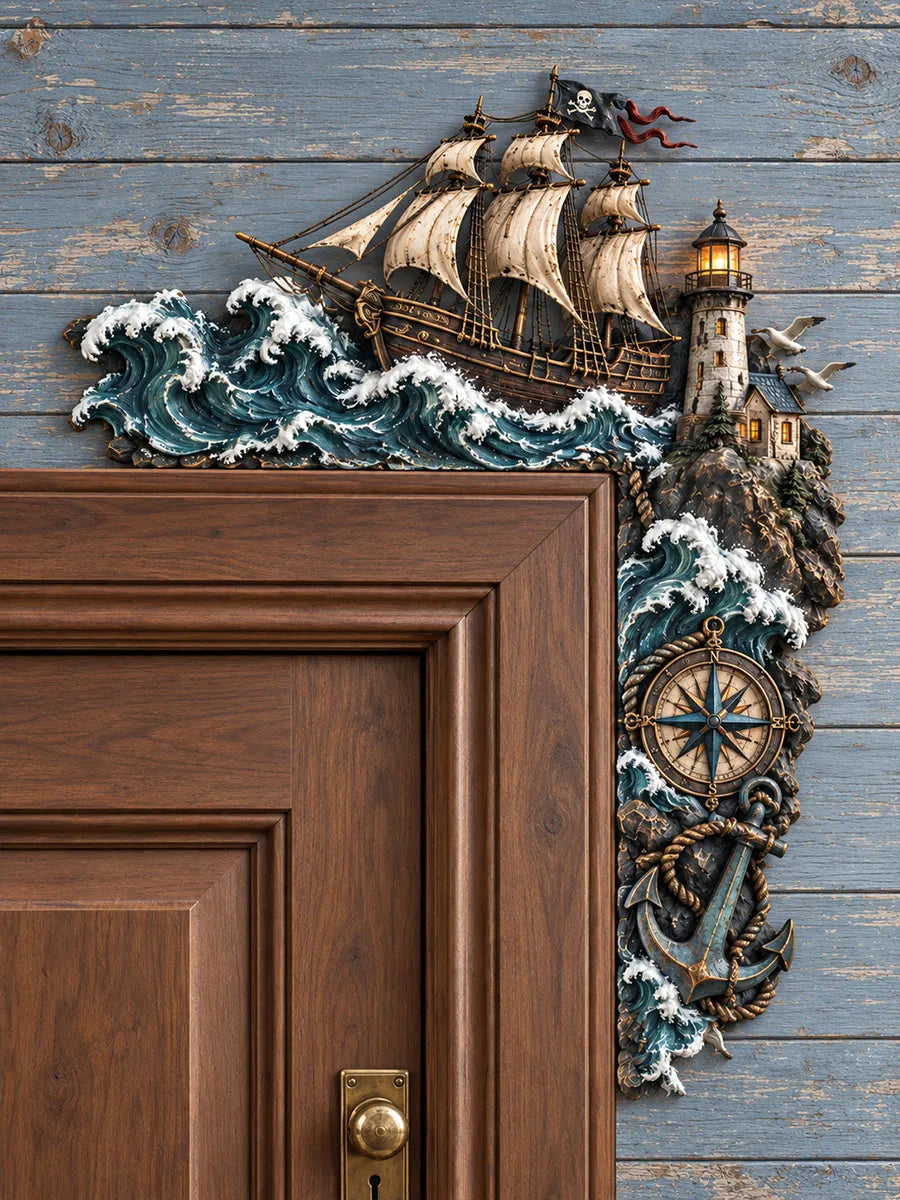 Stormy Pirate Ship & Nautical Compass Door Frame Corner Decor