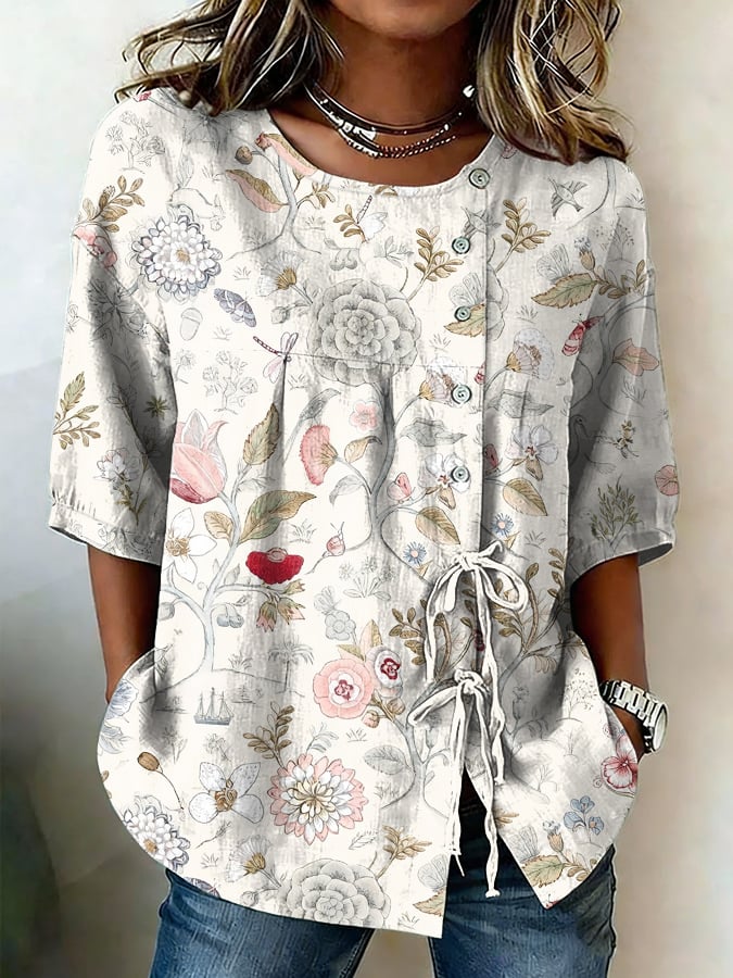 Women's Retro Floral Button Lace Up Tie Shirt