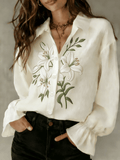 Women's Cotton Linen Floral Embroidered Shirt