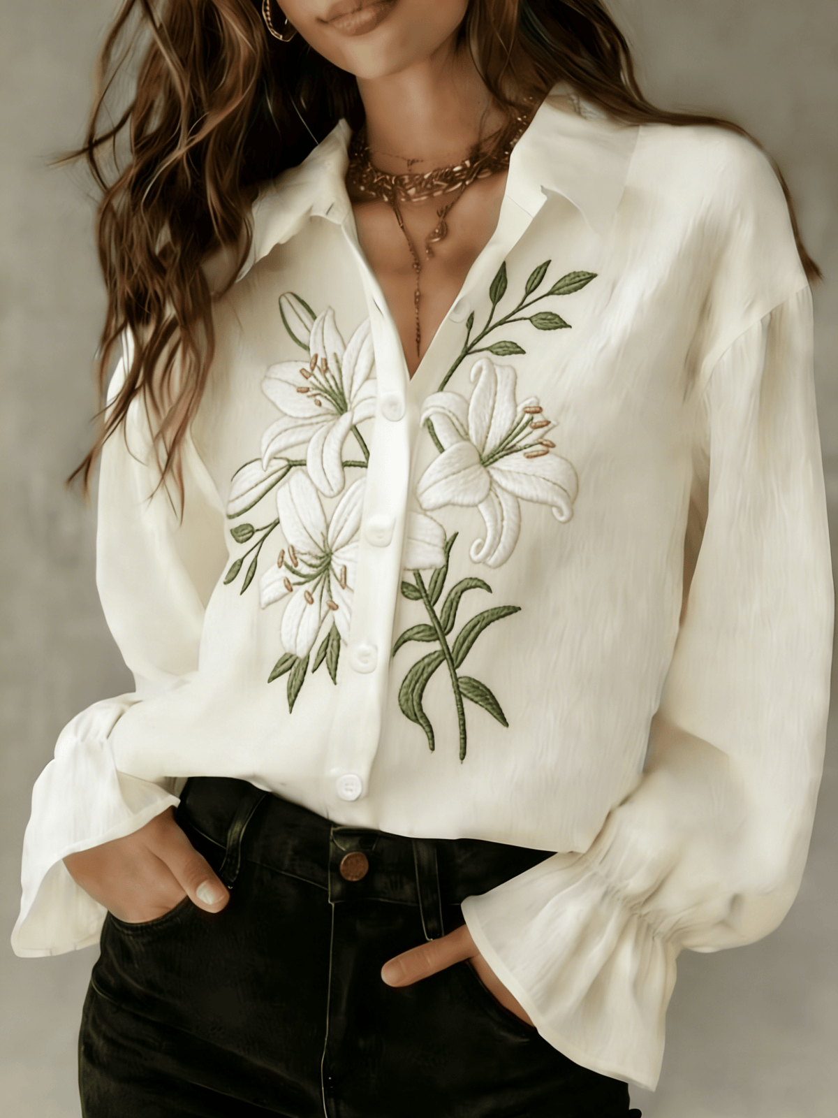 Women's Cotton Linen Floral Embroidered Shirt
