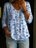 Women's Casual Floral Print Cotton Linen Top