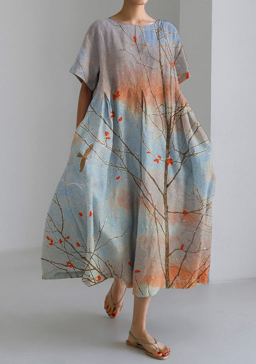 Women's Floral Bird Print Loose Short Sleeve Dres