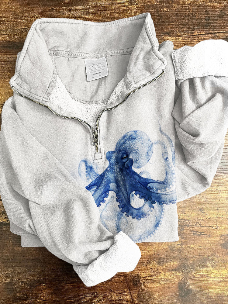 Vintage Ethereal Octopus Art Pattern Zip Up Cozy Sweatshirt