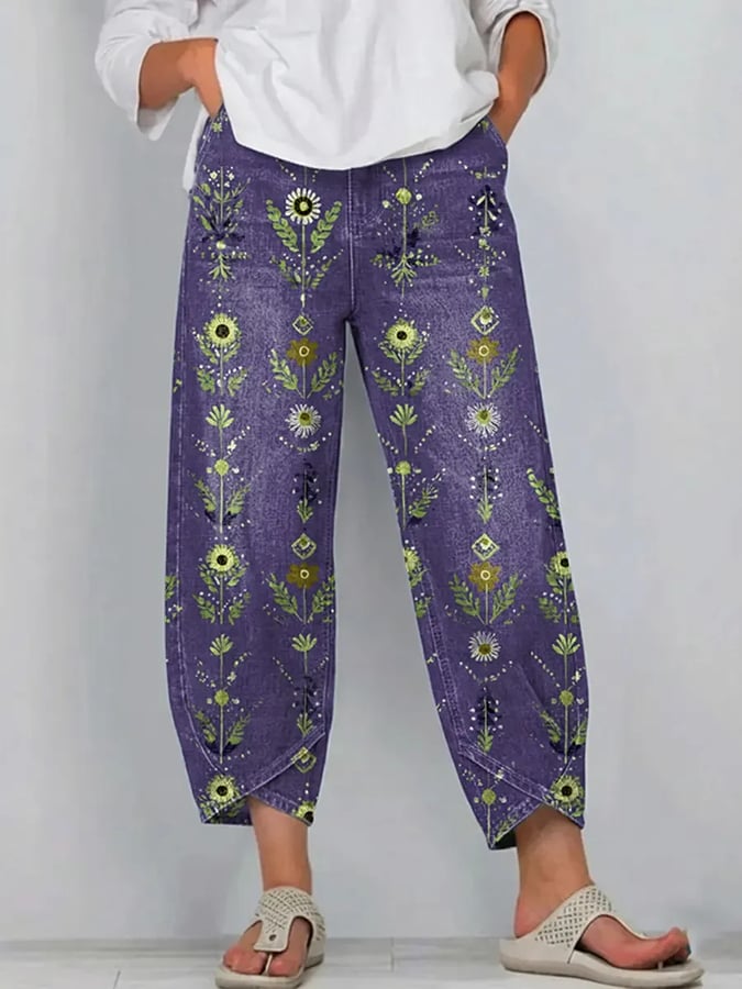 Women's Vintage Flowers Floral Patterns Art Prints Casual Denim Cotton Pants (With Pockets)