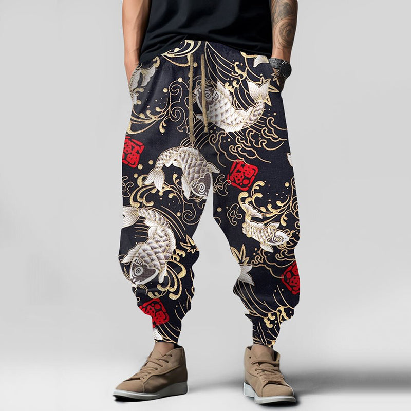 Vintage Japanese Art Carp Element Pattern Casual Loose Drawstring Waist Sweatpants