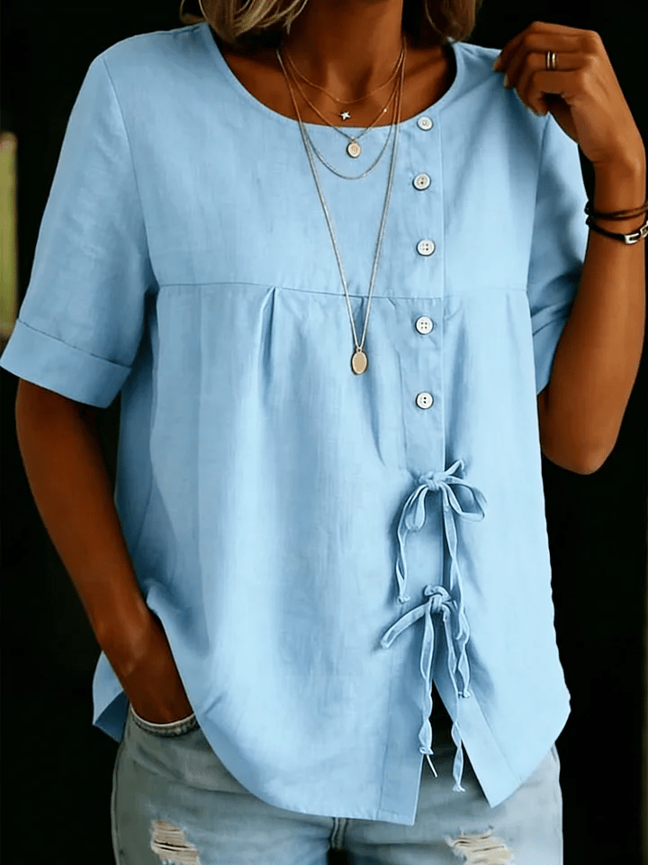 Women's Retro Solid Color Button Lace Up Tie Shirt