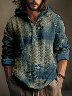 Japanese Cherry Blossom & Sayagata Patterns Linen Blend Hooded Shirt