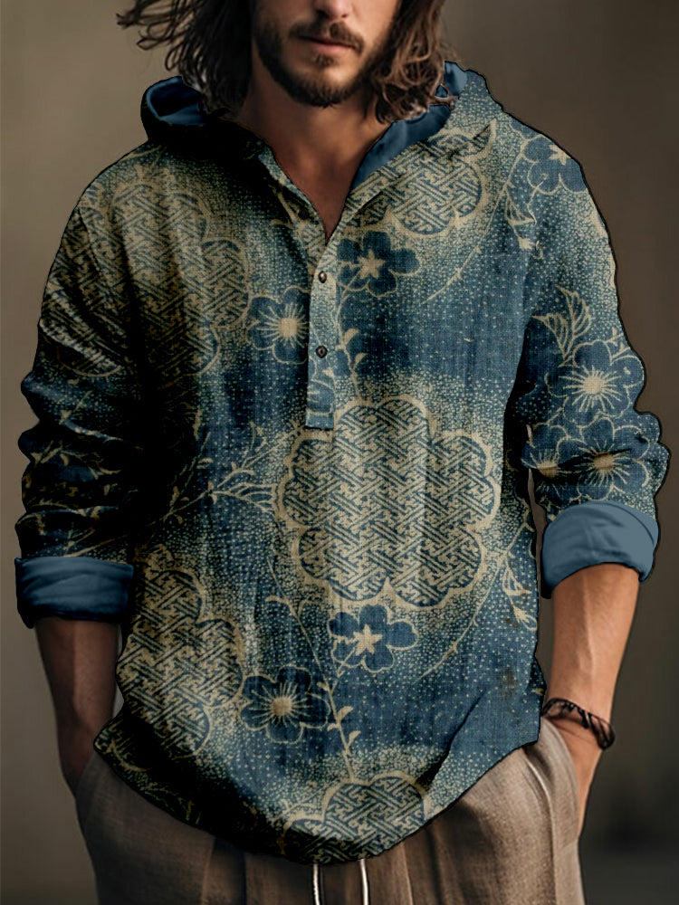 Japanese Cherry Blossom & Sayagata Patterns Linen Blend Hooded Shirt