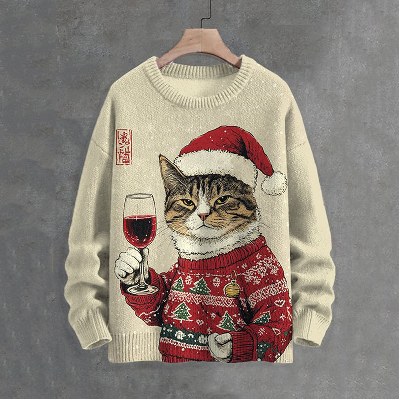 Men's Cat Toast Celebrate Christmas Print Knit Sweatshirt