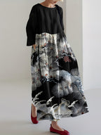 Women Japanese Art Crane Pine Linen Blend Maxi Dress