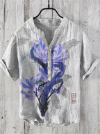 Men'S Japanese Art V Neck Linen Blend Shirt