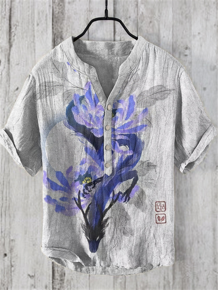 Men'S Japanese Art V Neck Linen Blend Shirt