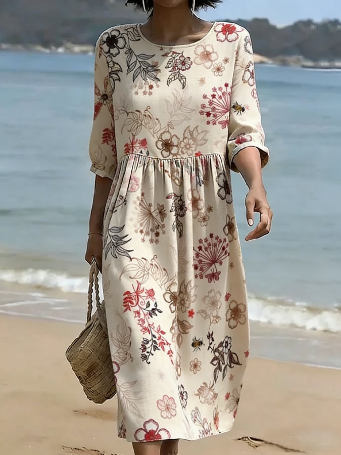 Women's Casual Cotton-Linen Floral Print Maxi Dress