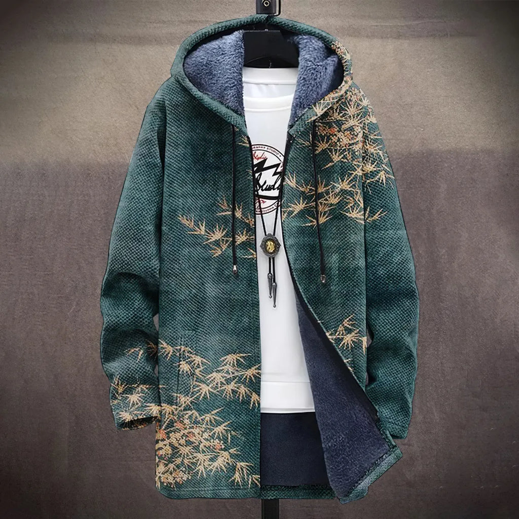 Men'S Bamboo Art Japanese Pattern Cozy Hooded Cardigan